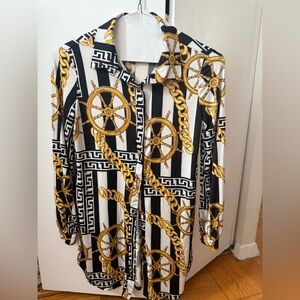 Black and Gold Chain Print Shirt Dress. Top or bathing suit coverup